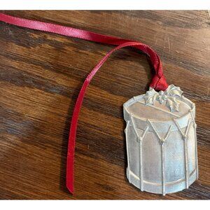 Longaberger Pewter Christmas Drum Ornament With Red Ribbon